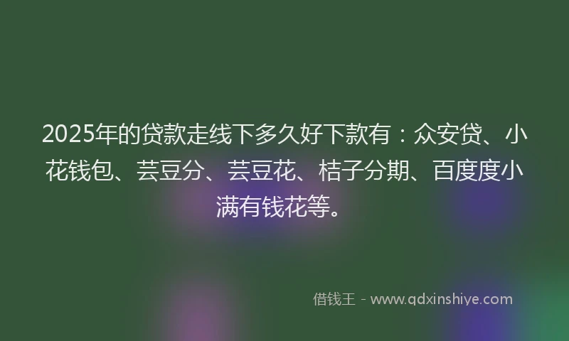 2025年的贷款走线下多久好下款有：众安贷、小花钱包、芸豆分、芸豆花、桔子分期、百度度小满有钱花等。
