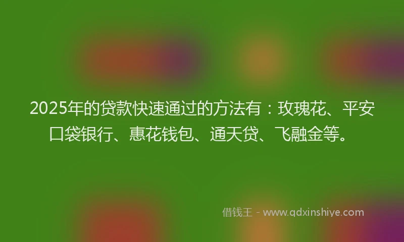 2025年的贷款快速通过的方法有：玫瑰花、平安口袋银行、惠花钱包、通天贷、飞融金等。