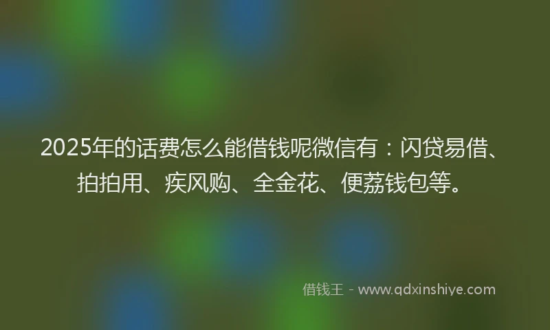 2025年的话费怎么能借钱呢微信有：闪贷易借、拍拍用、疾风购、全金花、便荔钱包等。