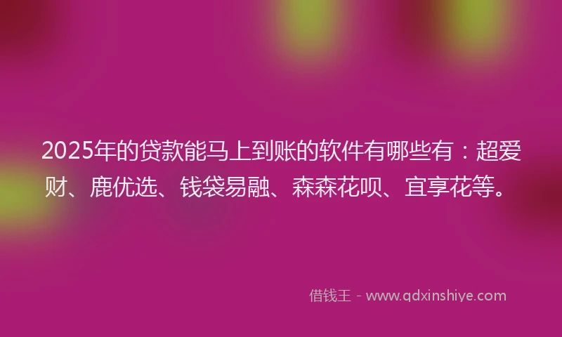2025年的贷款能马上到账的软件有哪些有：超爱财、鹿优选、钱袋易融、森森花呗、宜享花等。