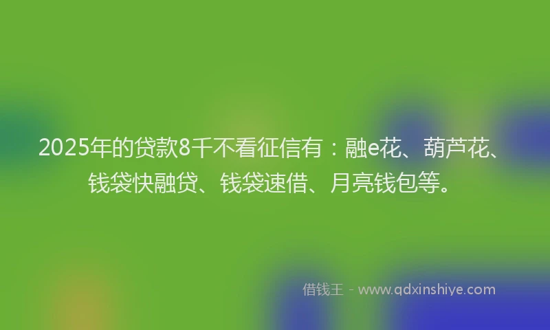 2025年的贷款8千不看征信有：融e花、葫芦花、钱袋快融贷、钱袋速借、月亮钱包等。
