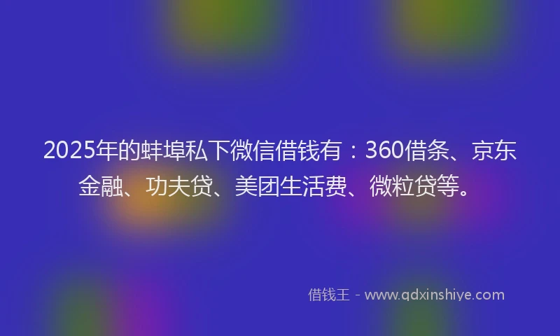 2025年的蚌埠私下微信借钱有：360借条、京东金融、功夫贷、美团生活费、微粒贷等。