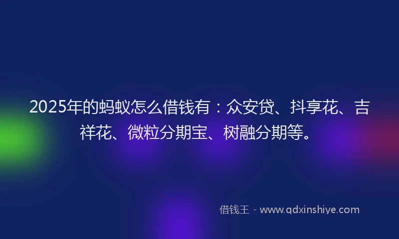 2025年的蚂蚁怎么借钱有：众安贷、抖享花、吉祥花、微粒分期宝、树融分期等。