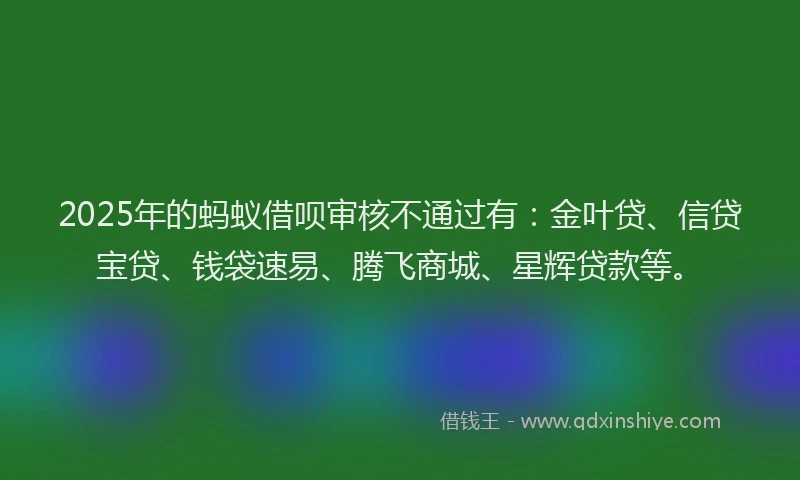2025年的蚂蚁借呗审核不通过有：金叶贷、信贷宝贷、钱袋速易、腾飞商城、星辉贷款等。