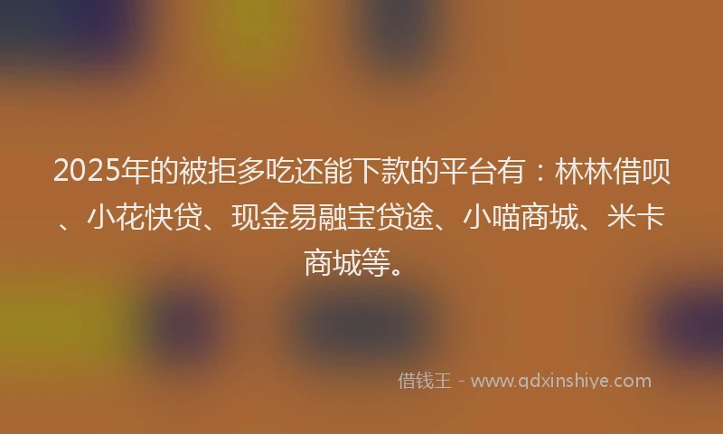 2025年的被拒多吃还能下款的平台有：林林借呗、小花快贷、现金易融宝贷途、小喵商城、米卡商城等。
