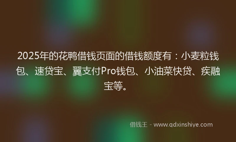 2025年的花鸭借钱页面的借钱额度有：小麦粒钱包、速贷宝、翼支付Pro钱包、小油菜快贷、疾融宝等。