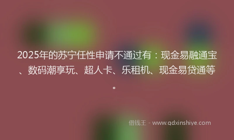 2025年的苏宁任性申请不通过有：现金易融通宝、数码潮享玩、超人卡、乐租机、现金易贷通等。