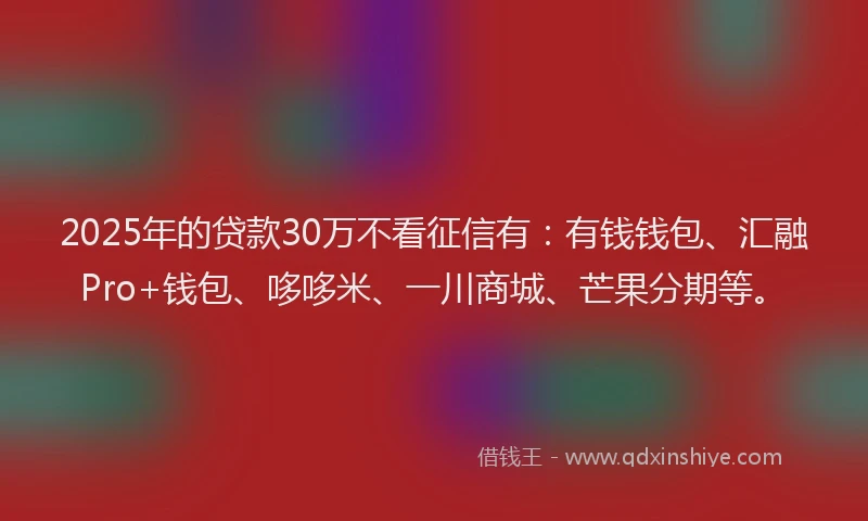 2025年的贷款30万不看征信有：有钱钱包、汇融Pro+钱包、哆哆米、一川商城、芒果分期等。