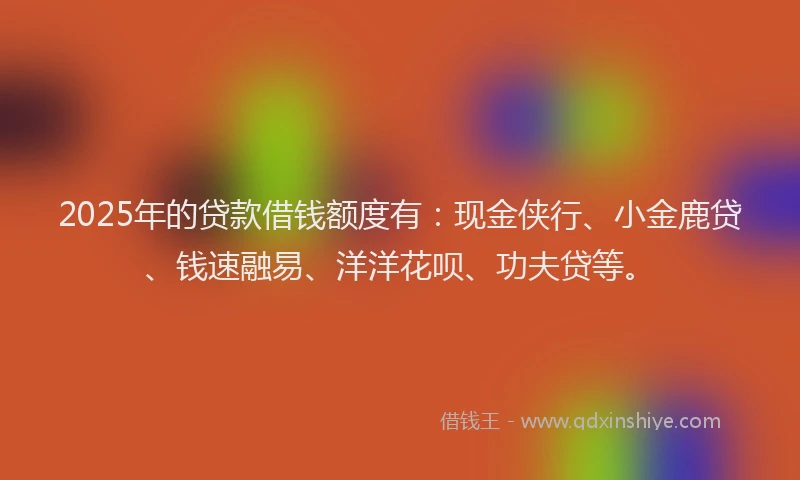 2025年的贷款借钱额度有：现金侠行、小金鹿贷、钱速融易、洋洋花呗、功夫贷等。