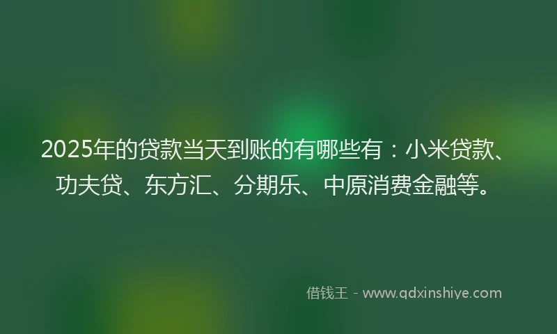 2025年的贷款当天到账的有哪些有：小米贷款、功夫贷、东方汇、分期乐、中原消费金融等。