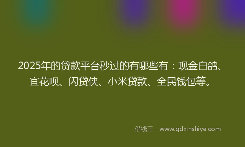 2025年的贷款平台秒过的有哪些有：现金白鸽、宜花呗、闪贷侠、小米贷款、全民钱包等。