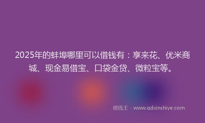 2025年的蚌埠哪里可以借钱有：享来花、优米商城、现金易借宝、口袋金贷、微粒宝等。