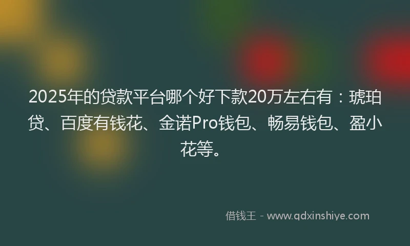 2025年的贷款平台哪个好下款20万左右有：琥珀贷、百度有钱花、金诺Pro钱包、畅易钱包、盈小花等。