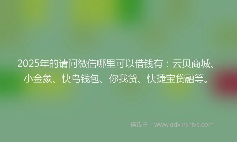 2025年的请问微信哪里可以借钱有：云贝商城、小金象、快鸟钱包、你我贷、快捷宝贷融等。