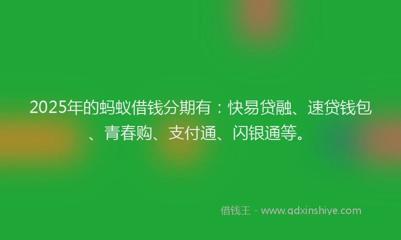 2025年的蚂蚁借钱分期有：快易贷融、速贷钱包、青春购、支付通、闪银通等。