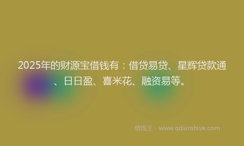 2025年的财源宝借钱有：借贷易贷、星辉贷款通、日日盈、喜米花、融资易等。