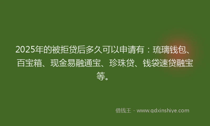 2025年的被拒贷后多久可以申请有：琉璃钱包、百宝箱、现金易融通宝、珍珠贷、钱袋速贷融宝等。
