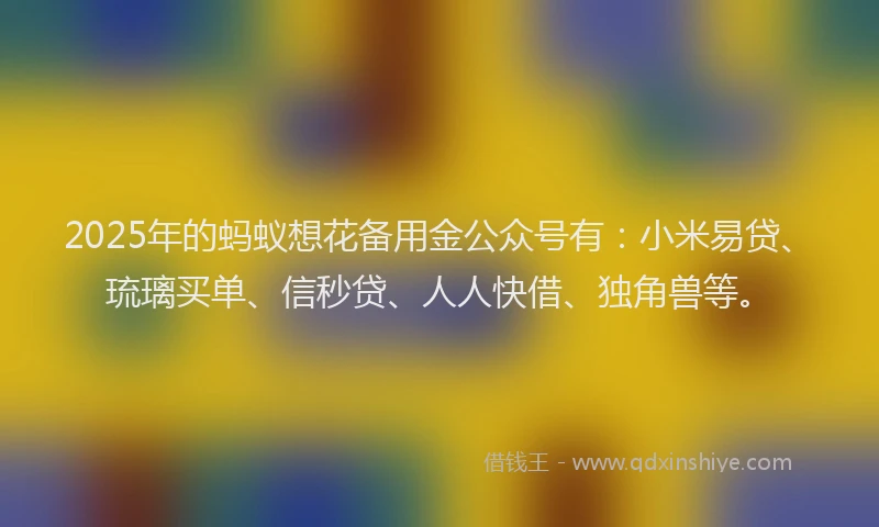 2025年的蚂蚁想花备用金公众号有：小米易贷、琉璃买单、信秒贷、人人快借、独角兽等。