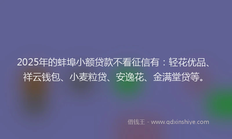 2025年的蚌埠小额贷款不看征信有：轻花优品、祥云钱包、小麦粒贷、安逸花、金满堂贷等。