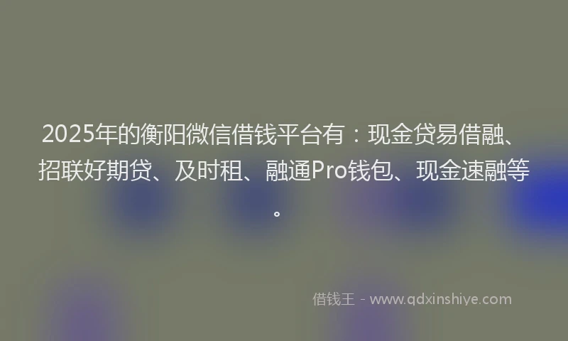 2025年的衡阳微信借钱平台有：现金贷易借融、招联好期贷、及时租、融通Pro钱包、现金速融等。