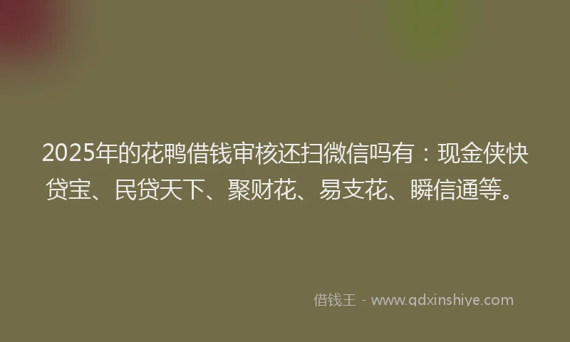 2025年的花鸭借钱审核还扫微信吗有:现金侠快贷宝、民贷天下、聚财花、易支花、瞬信通等。