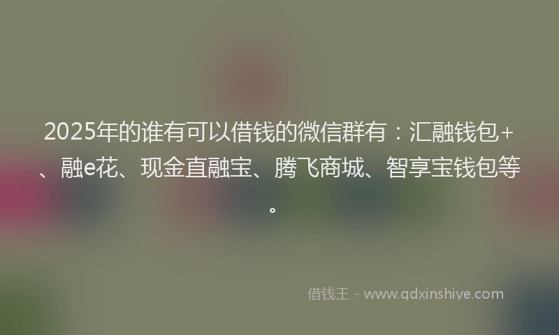 2025年的谁有可以借钱的微信群有:汇融钱包+、融e花、现金直融宝、腾飞商城、智享宝钱包等。