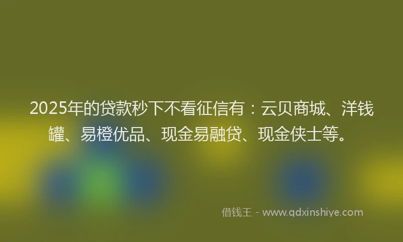 2025年的贷款秒下不看征信有：云贝商城、洋钱罐、易橙优品、现金易融贷、现金侠士等。