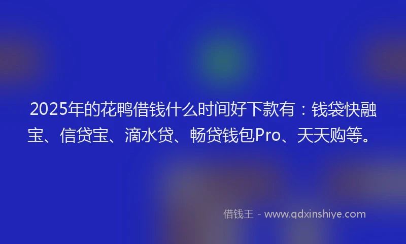2025年的花鸭借钱什么时间好下款有：钱袋快融宝、信贷宝、滴水贷、畅贷钱包Pro、天天购等。
