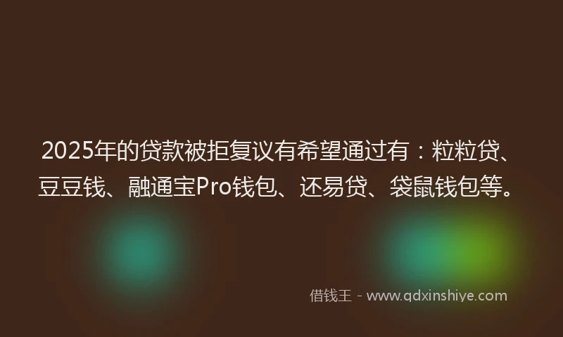 2025年的贷款被拒复议有希望通过有：粒粒贷、豆豆钱、融通宝Pro钱包、还易贷、袋鼠钱包等。