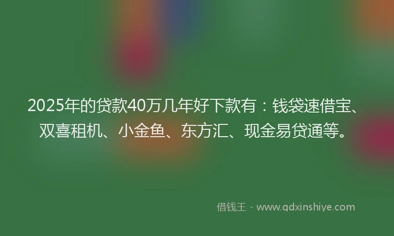 2025年的贷款40万几年好下款有：钱袋速借宝、双喜租机、小金鱼、东方汇、现金易贷通等。