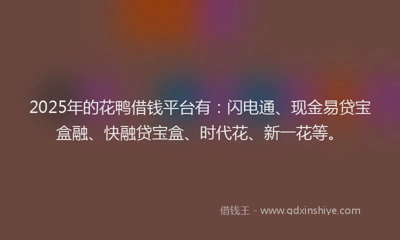 2025年的花鸭借钱平台有：闪电通、现金易贷宝盒融、快融贷宝盒、时代花、新一花等。