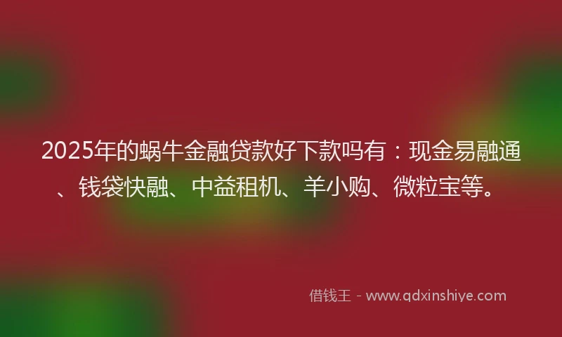 2025年的蜗牛金融贷款好下款吗有：现金易融通、钱袋快融、中益租机、羊小购、微粒宝等。