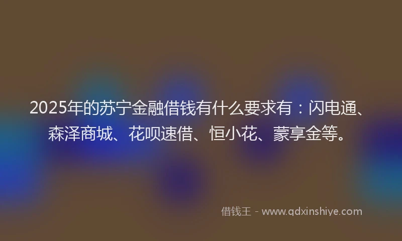 2025年的苏宁金融借钱有什么要求有：闪电通、森泽商城、花呗速借、恒小花、蒙享金等。