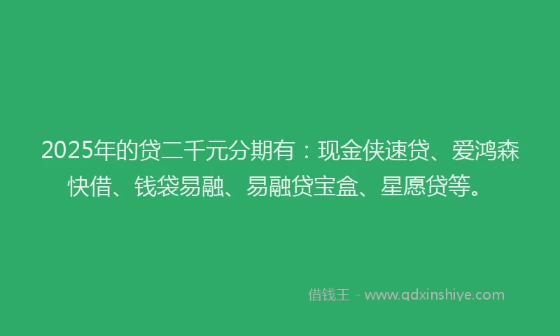2025年的贷二千元分期有：现金侠速贷、爱鸿森快借、钱袋易融、易融贷宝盒、星愿贷等。