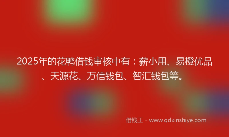 2025年的花鸭借钱审核中有：薪小用、易橙优品、天源花、万信钱包、智汇钱包等。
