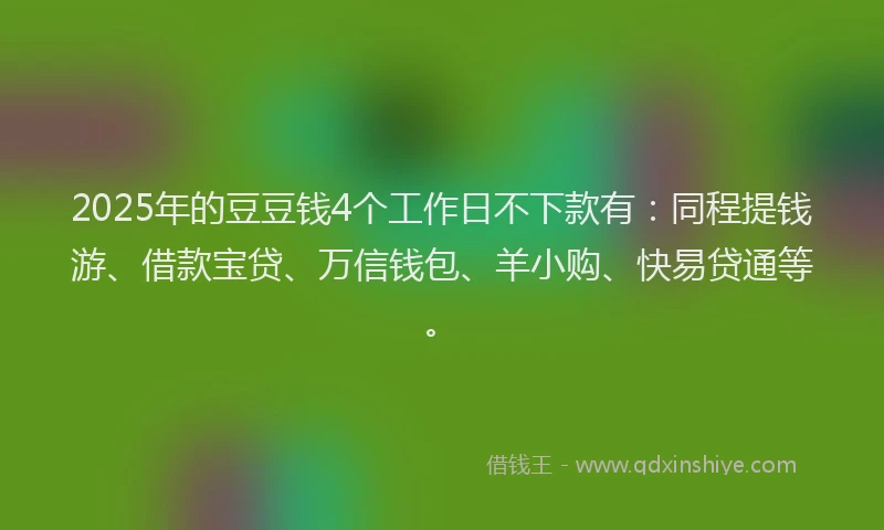 2025年的豆豆钱4个工作日不下款有：同程提钱游、借款宝贷、万信钱包、羊小购、快易贷通等。