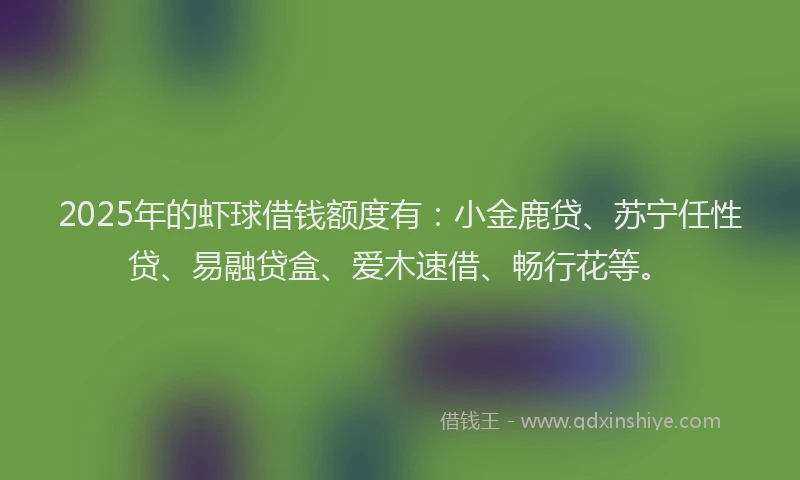 2025年的虾球借钱额度有：小金鹿贷、苏宁任性贷、易融贷盒、爱木速借、畅行花等。