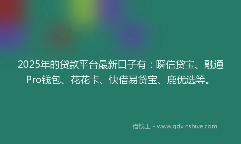 2025年的贷款平台最新口子有：瞬信贷宝、融通Pro钱包、花花卡、快借易贷宝、鹿优选等。