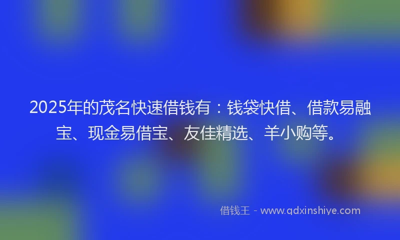 2025年的茂名快速借钱有：钱袋快借、借款易融宝、现金易借宝、友佳精选、羊小购等。