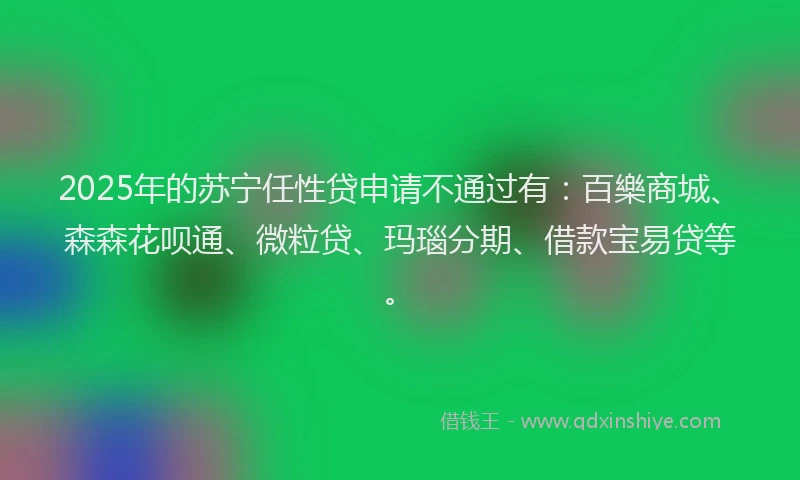 2025年的苏宁任性贷申请不通过有：百樂商城、森森花呗通、微粒贷、玛瑙分期、借款宝易贷等。