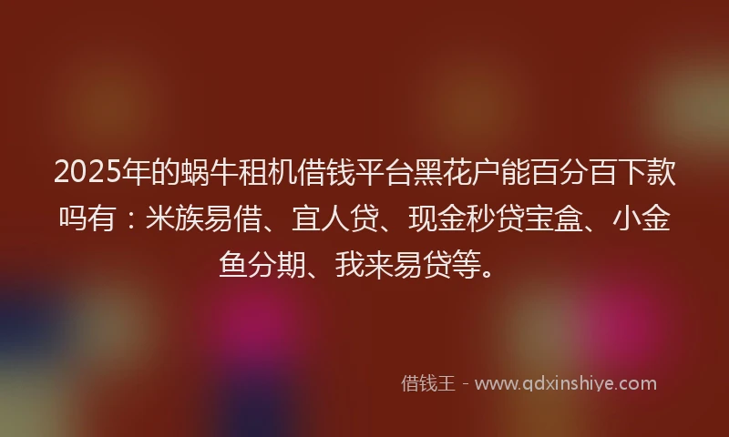 2025年的蜗牛租机借钱平台黑花户能百分百下款吗有：米族易借、宜人贷、现金秒贷宝盒、小金鱼分期、我来易贷等。