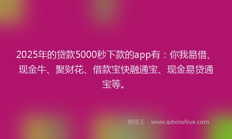 2025年的贷款5000秒下款的app有：你我易借、现金牛、聚财花、借款宝快融通宝、现金易贷通宝等。