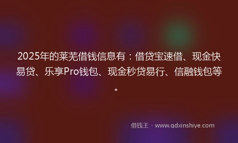 2025年的莱芜借钱信息有：借贷宝速借、现金快易贷、乐享Pro钱包、现金秒贷易行、信融钱包等。