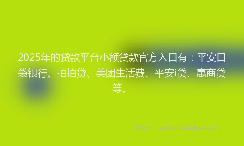 2025年的贷款平台小额贷款官方入口有：平安口袋银行、拍拍贷、美团生活费、平安i贷、惠商贷等。