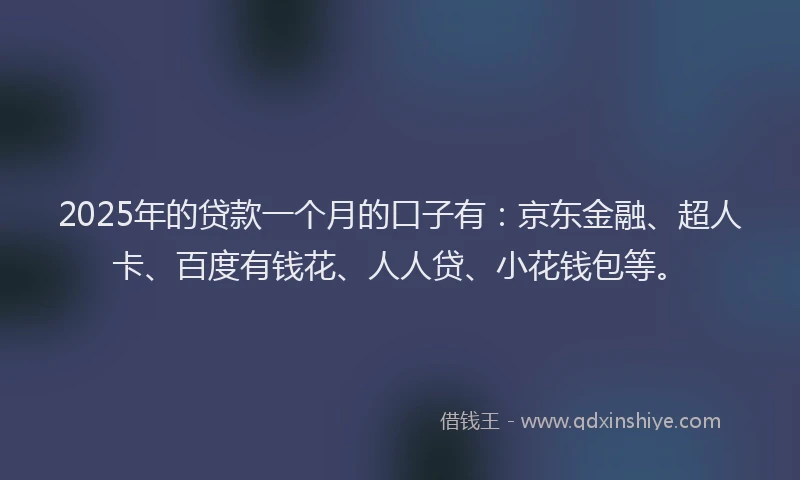 2025年的贷款一个月的口子有：京东金融、超人卡、百度有钱花、人人贷、小花钱包等。