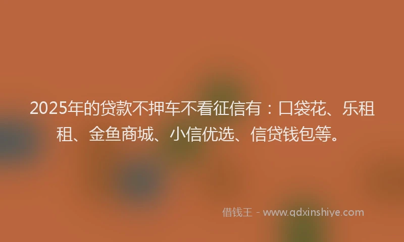 2025年的贷款不押车不看征信有：口袋花、乐租租、金鱼商城、小信优选、信贷钱包等。