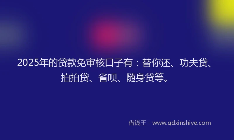 2025年的贷款免审核口子有：替你还、功夫贷、拍拍贷、省呗、随身贷等。