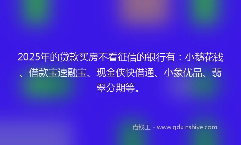 2025年的贷款买房不看征信的银行有：小鹅花钱、借款宝速融宝、现金侠快借通、小象优品、翡翠分期等。