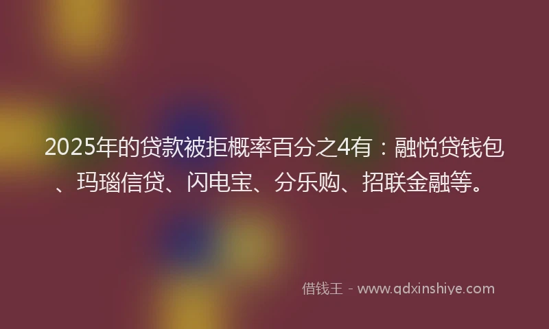 2025年的贷款被拒概率百分之4有：融悦贷钱包、玛瑙信贷、闪电宝、分乐购、招联金融等。