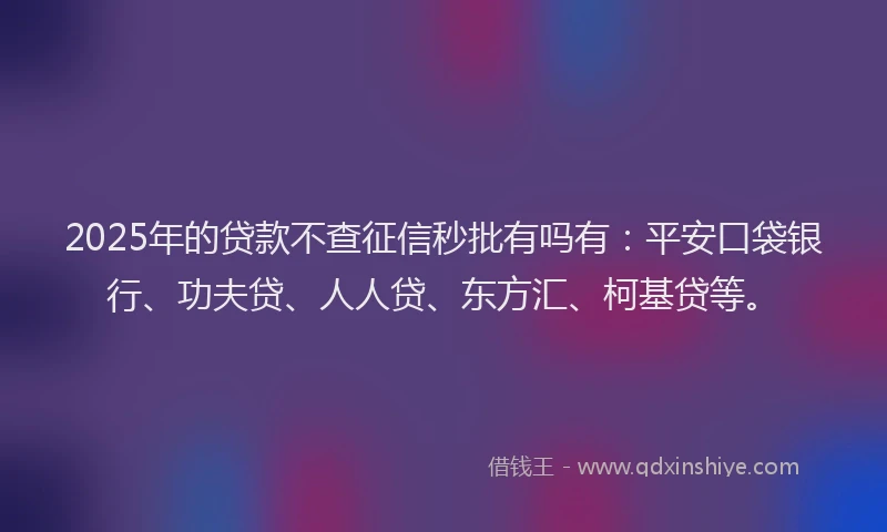 2025年的贷款不查征信秒批有吗有：平安口袋银行、功夫贷、人人贷、东方汇、柯基贷等。
